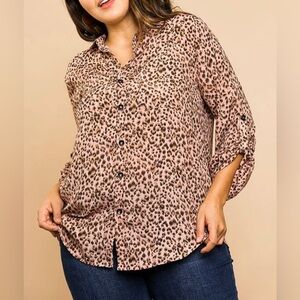 Umgee Rose Animal Print Button Up Top Medium Long Sleeve Roll Tab Collar